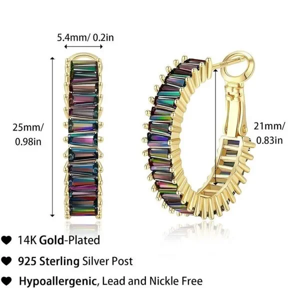 14K Yellow Gold with Rainbow Topaz Cubic Zirconia Drop Hoop Leverback Earrings